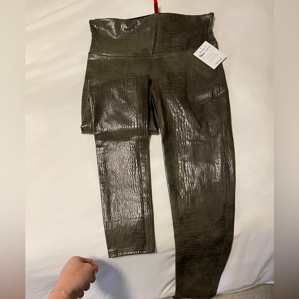 Spanx Olive green snakeskin leather leggings